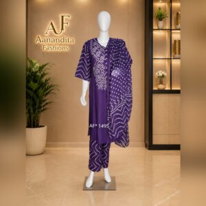 women's soft mul cotton 3 piece bandhani suit set – top, bottom & dupatta